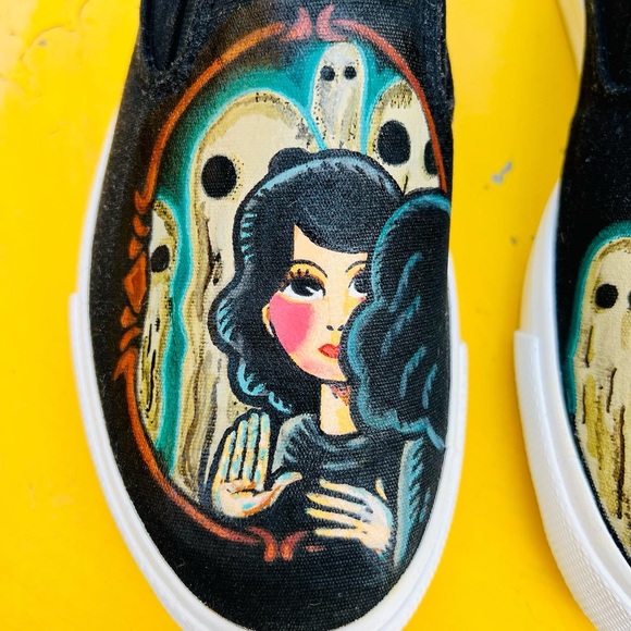 Hand Painted Ghost Faces Tattoo Trad Style Girl Mirror Horror Slip On Shoes 7 - Picture 4 of 12